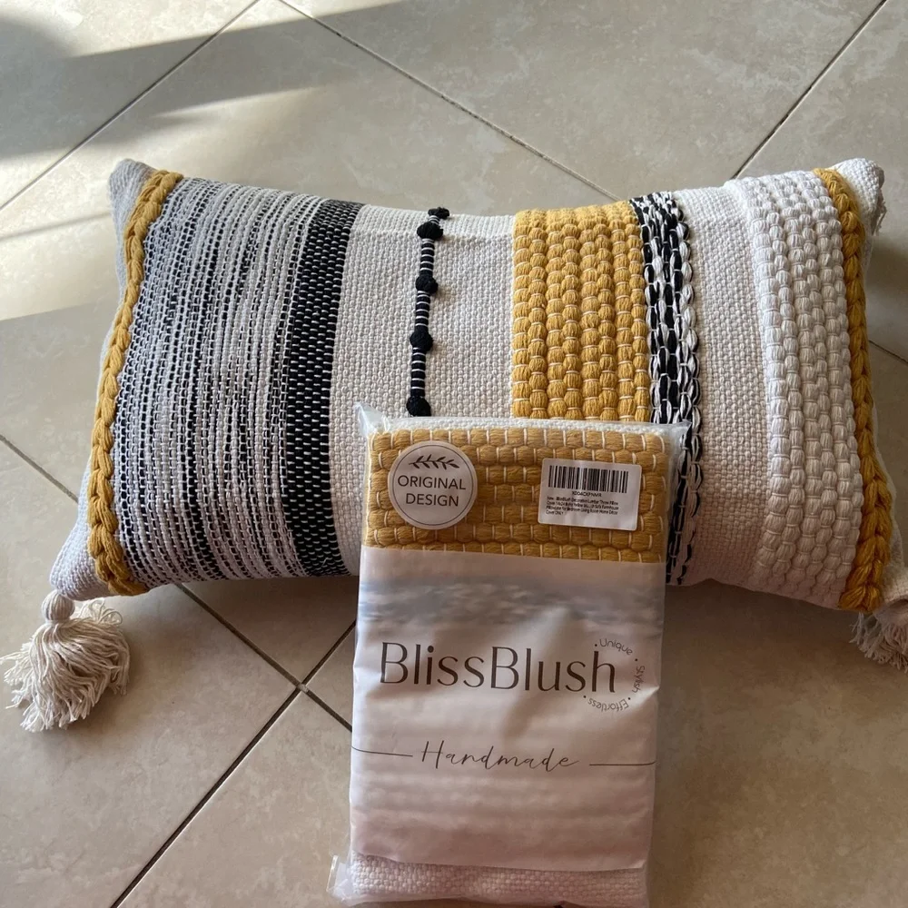 Bliss Blush Handmade Boho Yellow and Black Striped Pillow size 24x14 NWT
